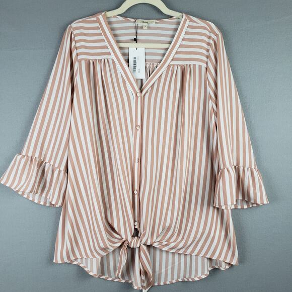 Andree By Unit Size S Ruffle Sleeve Tie Up Button Down Mauve Pink Stripe Beachy - Picture 1 of 9